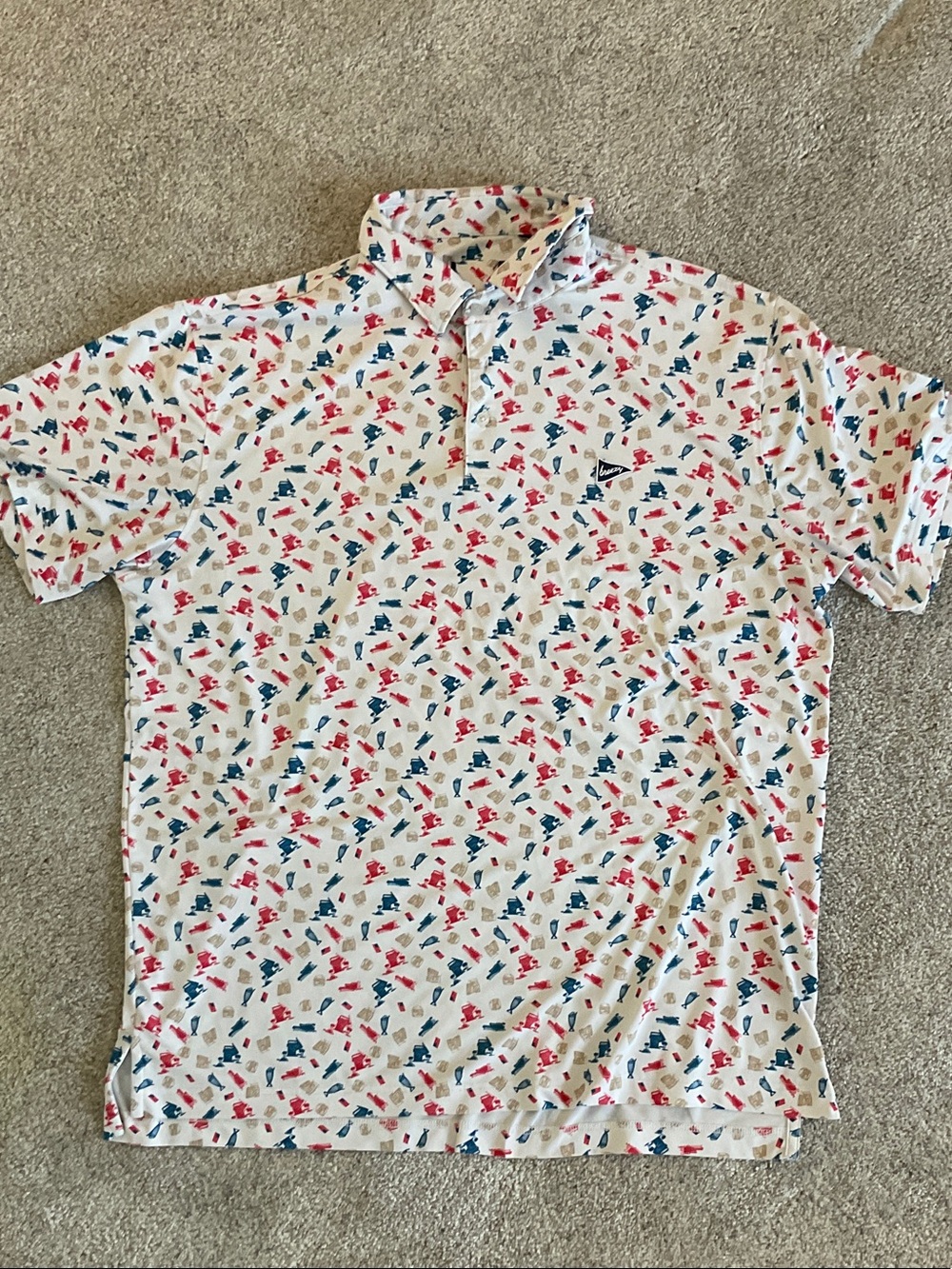 Men's Printed Polo Shirt in White with Red & Blue Motif